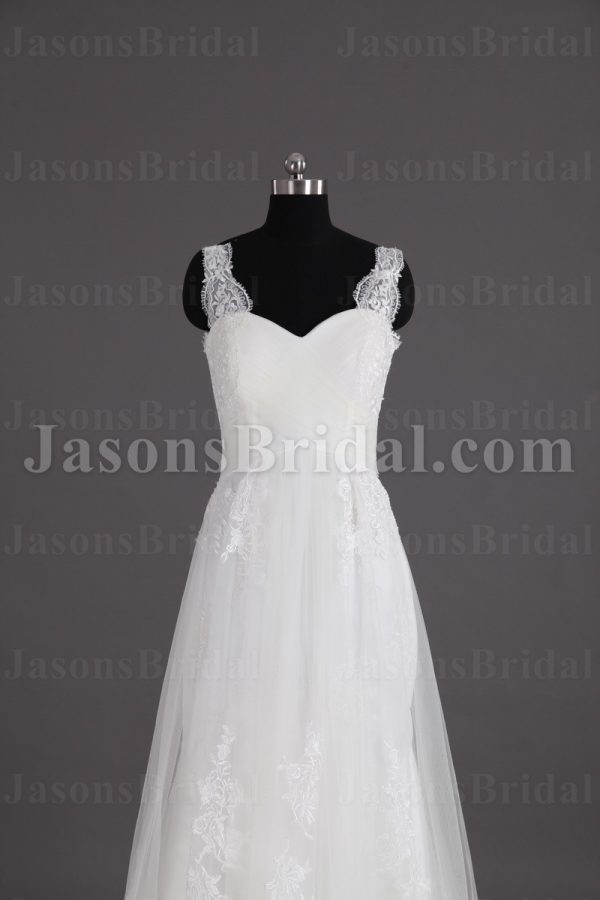 Mermaid Tulle Lace Wedding Dress Appliqed Spaghetti Straps Sweetheart Ruched Bodice with Chapel Train