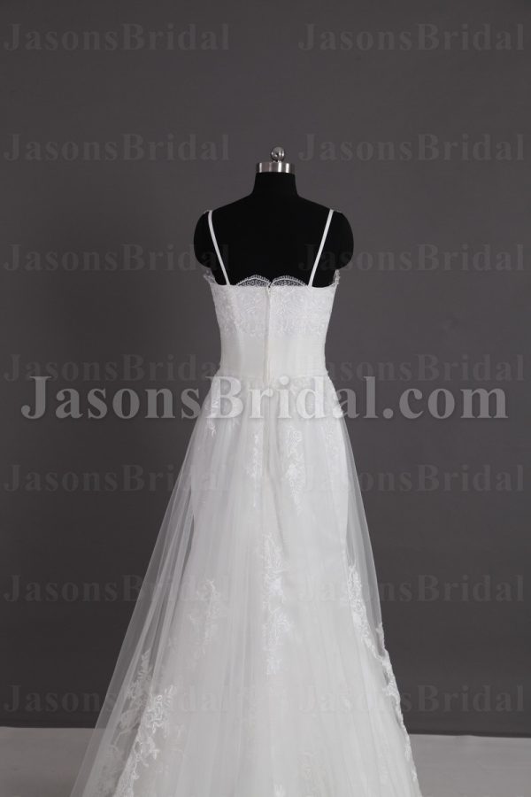 Mermaid Tulle Lace Wedding Dress Appliqed Spaghetti Straps Sweetheart Ruched Bodice with Chapel Train