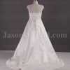 A-line Satin Wedding Dress Cap Sleeves Square Neckline Beaded Embroidery Asymmetrical Ruched with Court Train