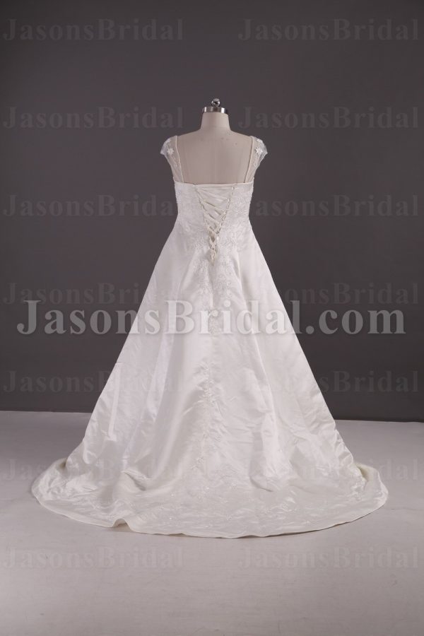 A-line Satin Wedding Dress Cap Sleeves Square Neckline Beaded Embroidery Asymmetrical Ruched with Court Train