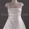 A-line Satin Wedding Dress Cap Sleeves Square Neckline Beaded Embroidery Asymmetrical Ruched with Court Train
