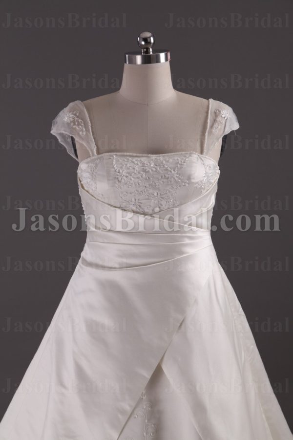 A-line Satin Wedding Dress Cap Sleeves Square Neckline Beaded Embroidery Asymmetrical Ruched with Court Train
