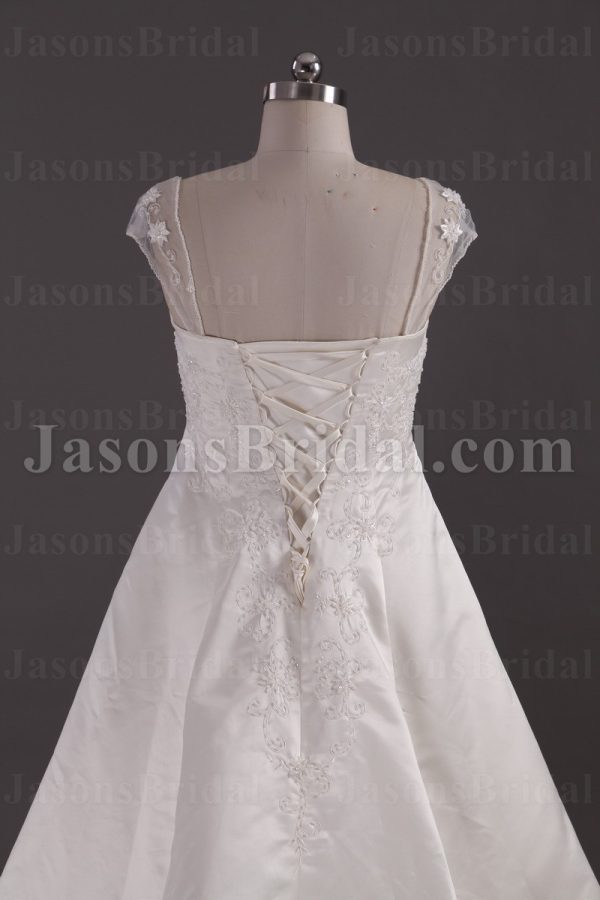 A-line Satin Wedding Dress Cap Sleeves Square Neckline Beaded Embroidery Asymmetrical Ruched with Court Train