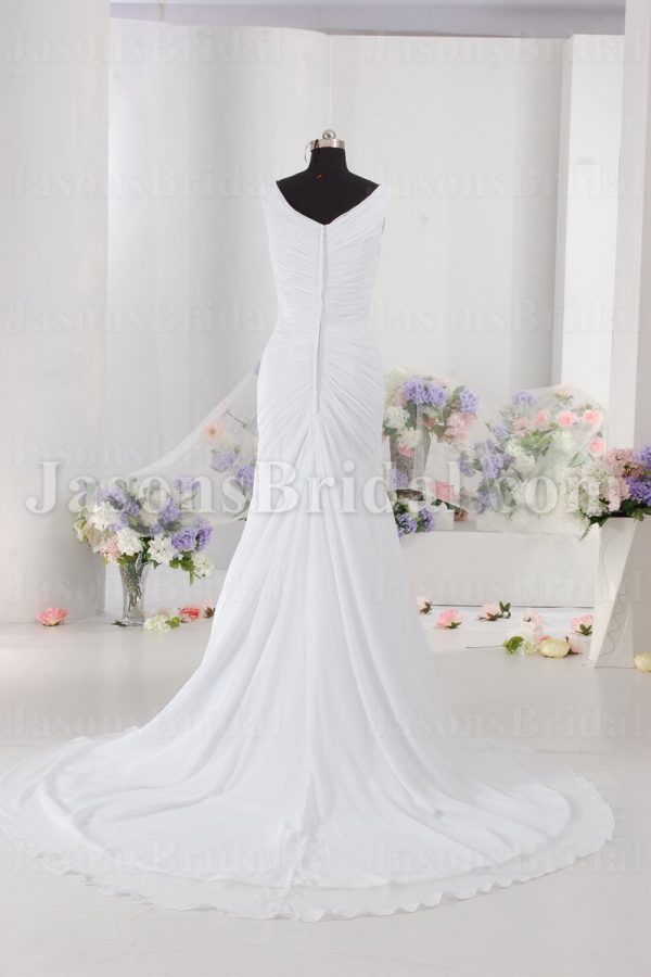 Fit-and-Flare Off-the-shoulder Chiffon Wedding Dress V-neck V-back Asymmetrical Ruched Skirt with Court Train