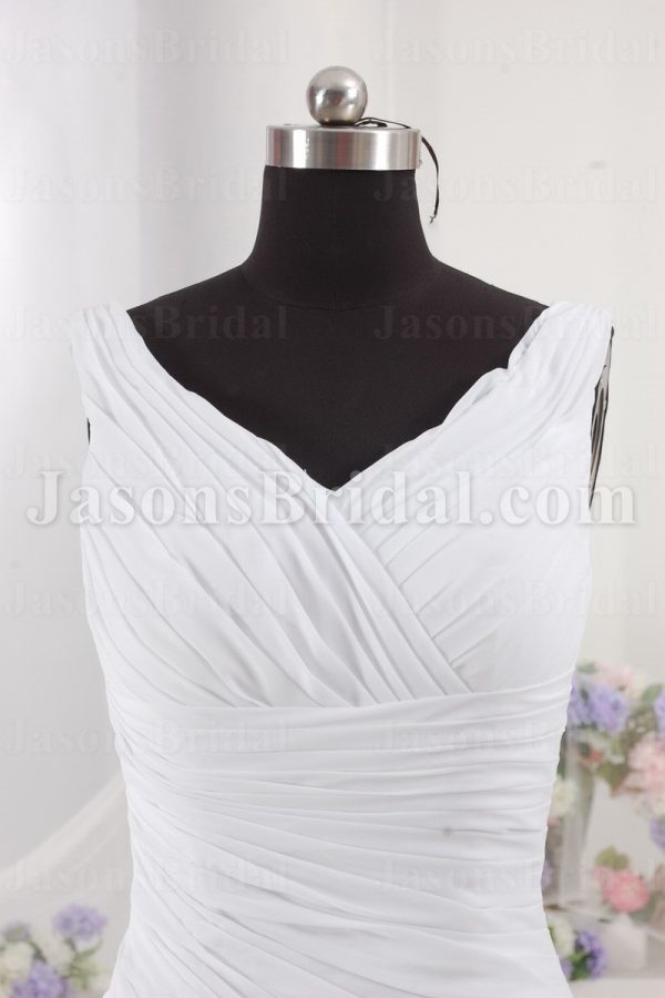 Fit-and-Flare Off-the-shoulder Chiffon Wedding Dress V-neck V-back Asymmetrical Ruched Skirt with Court Train