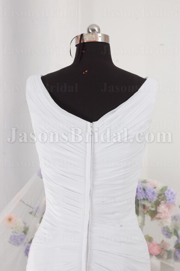 Fit-and-Flare Off-the-shoulder Chiffon Wedding Dress V-neck V-back Asymmetrical Ruched Skirt with Court Train