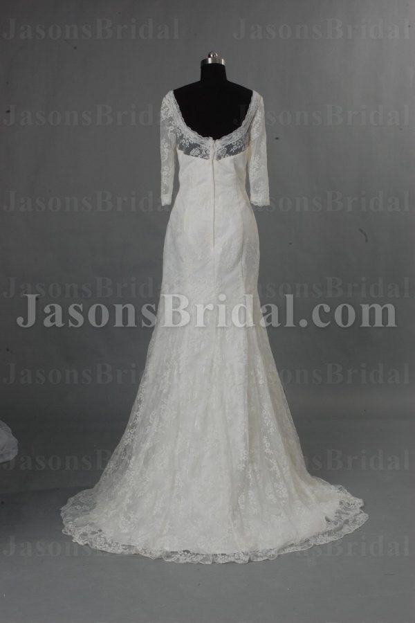 Mermaid Lace over Satin Wedding Dress 3/4 Sleeves V-neck with Open Back Sweep Train