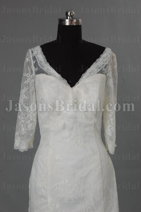Mermaid Lace over Satin Wedding Dress 3/4 Sleeves V-neck with Open Back Sweep Train