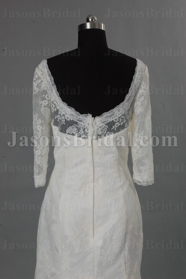 Mermaid Lace over Satin Wedding Dress 3/4 Sleeves V-neck with Open Back Sweep Train