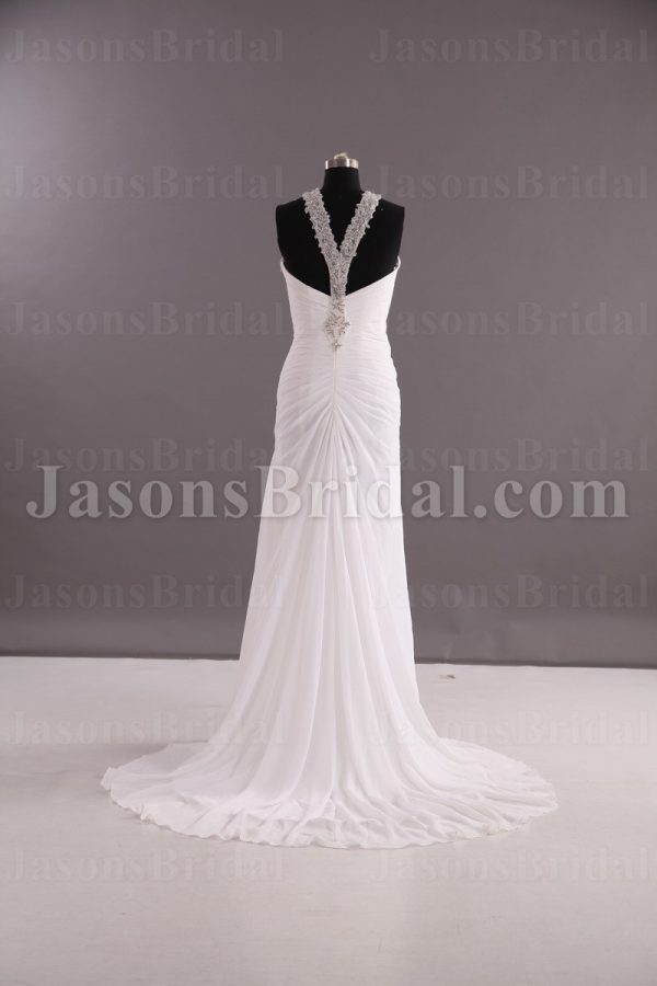 Sheath Chiffon Wedding Dress Embellished Halter Neckline Asymmetrical Ruched Waist with Court Train