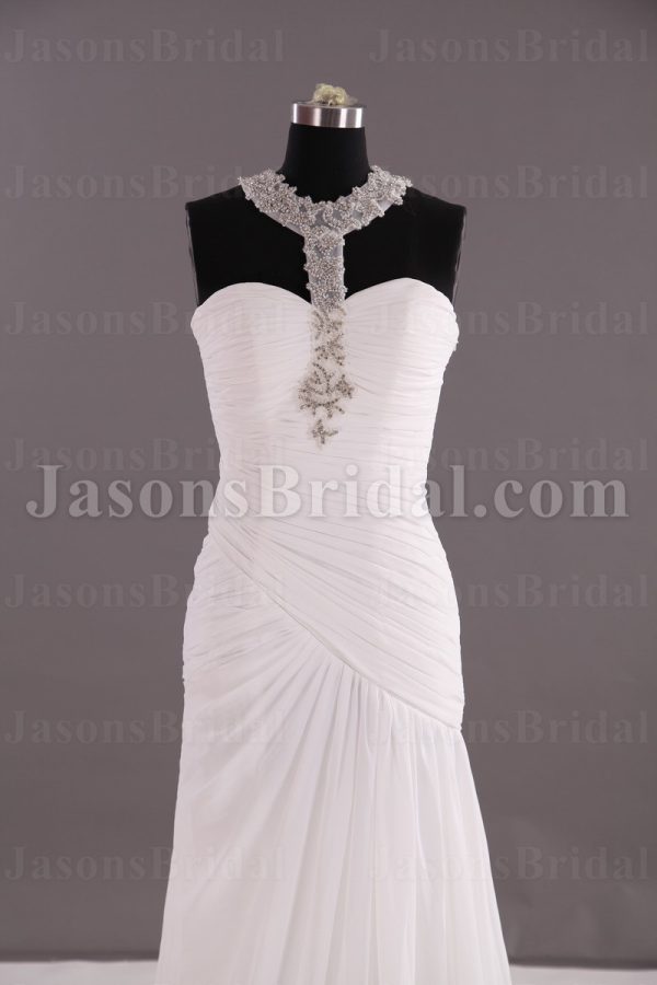 Sheath Chiffon Wedding Dress Embellished Halter Neckline Asymmetrical Ruched Waist with Court Train