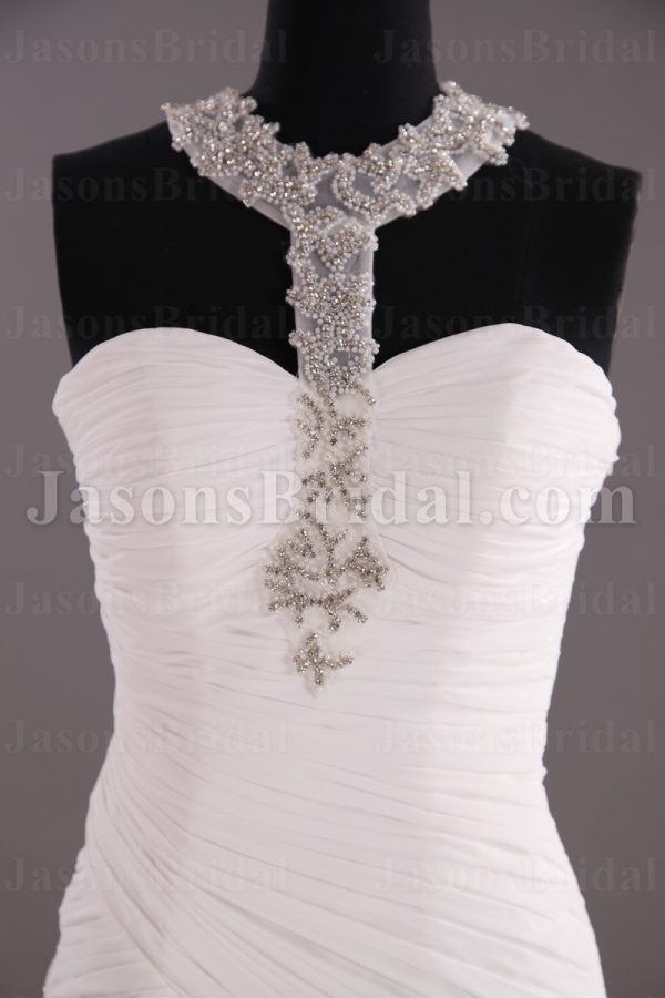 Sheath Chiffon Wedding Dress Embellished Halter Neckline Asymmetrical Ruched Waist with Court Train