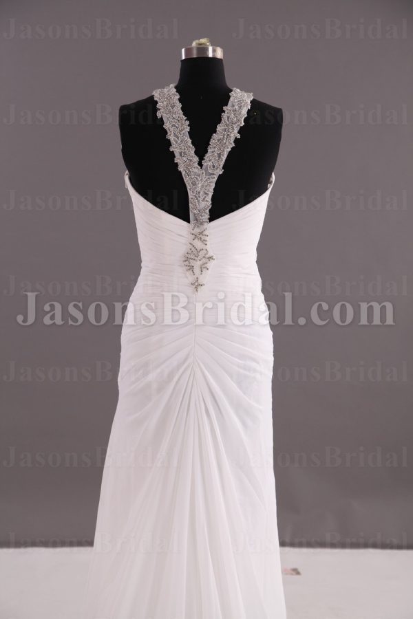 Sheath Chiffon Wedding Dress Embellished Halter Neckline Asymmetrical Ruched Waist with Court Train
