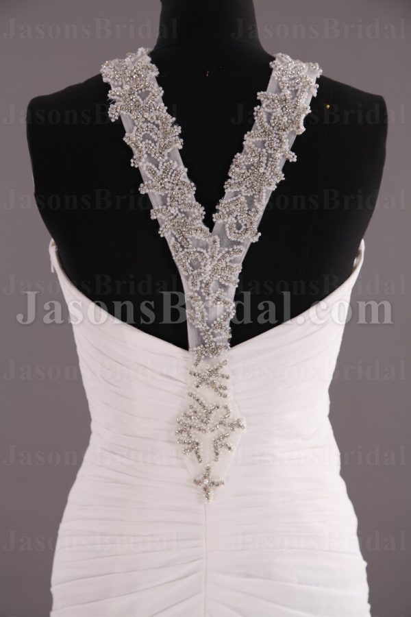 Sheath Chiffon Wedding Dress Embellished Halter Neckline Asymmetrical Ruched Waist with Court Train