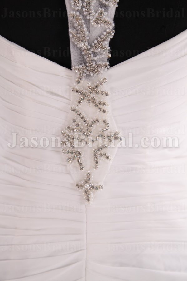 Sheath Chiffon Wedding Dress Embellished Halter Neckline Asymmetrical Ruched Waist with Court Train