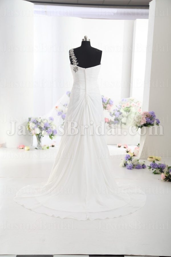 Sheath Chiffon One-Shoulder Wedding Dress Sweetheart Neckline Embellished Asymmetrical Ruched with Court Train