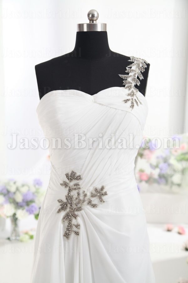 Sheath Chiffon One-Shoulder Wedding Dress Sweetheart Neckline Embellished Asymmetrical Ruched with Court Train
