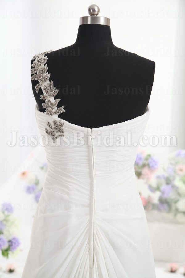 Sheath Chiffon One-Shoulder Wedding Dress Sweetheart Neckline Embellished Asymmetrical Ruched with Court Train