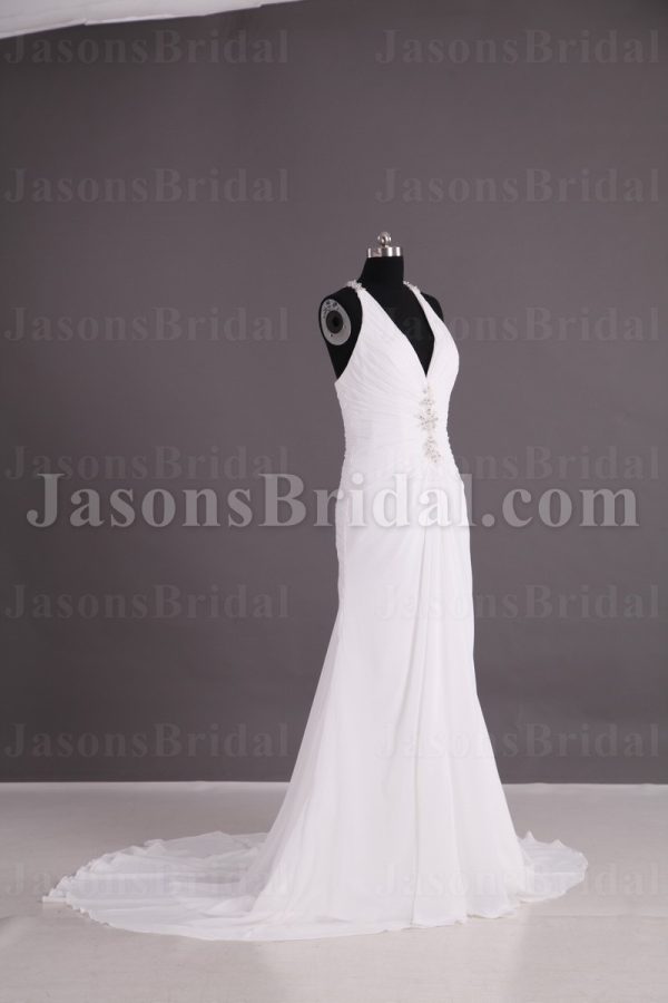 Sheath Chiffon Wedding Dress Embellished Halter V-neck Low-back Beaded Ruched with Court Train