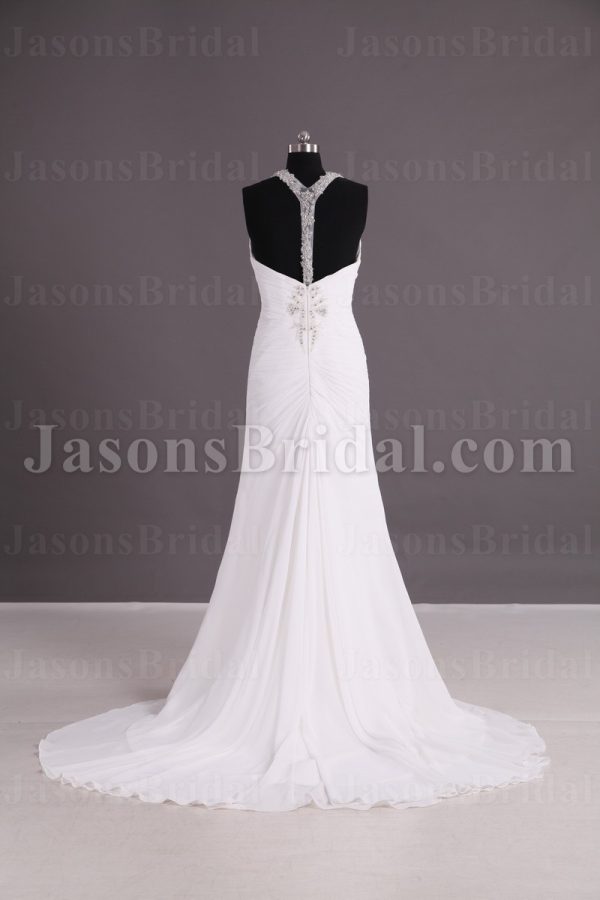 Sheath Chiffon Wedding Dress Embellished Halter V-neck Low-back Beaded Ruched with Court Train