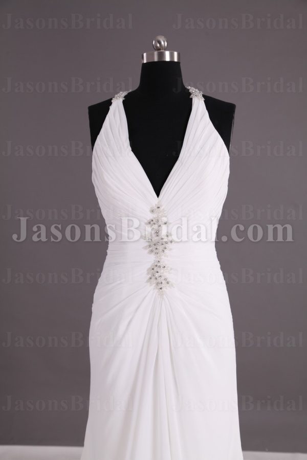 Sheath Chiffon Wedding Dress Embellished Halter V-neck Low-back Beaded Ruched with Court Train