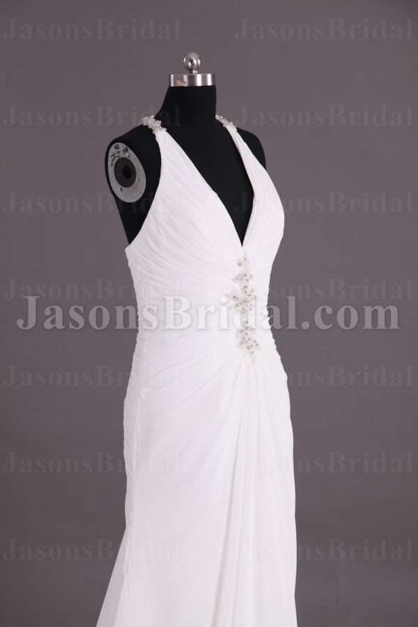 Sheath Chiffon Wedding Dress Embellished Halter V-neck Low-back Beaded Ruched with Court Train