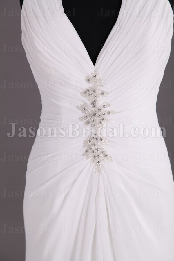 Sheath Chiffon Wedding Dress Embellished Halter V-neck Low-back Beaded Ruched with Court Train