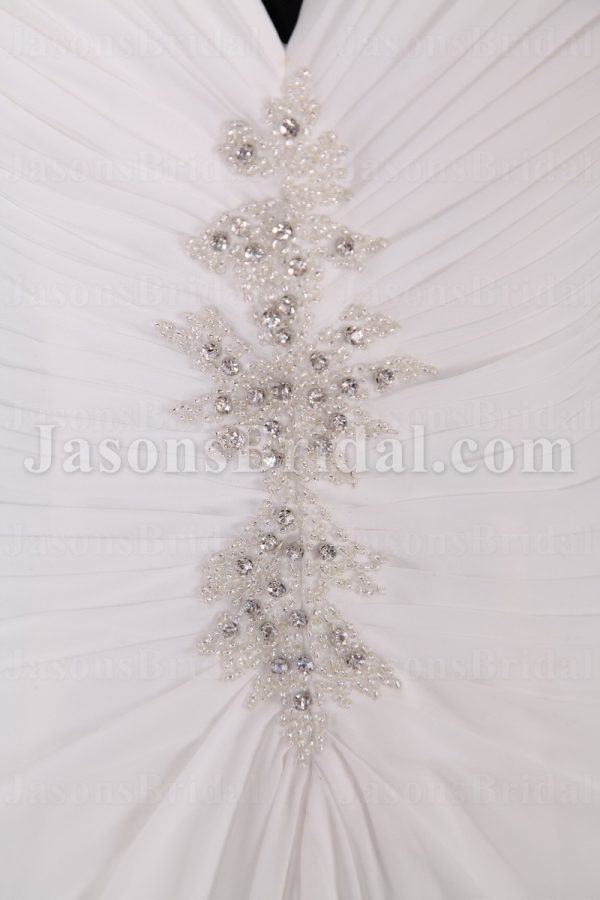 Sheath Chiffon Wedding Dress Embellished Halter V-neck Low-back Beaded Ruched with Court Train