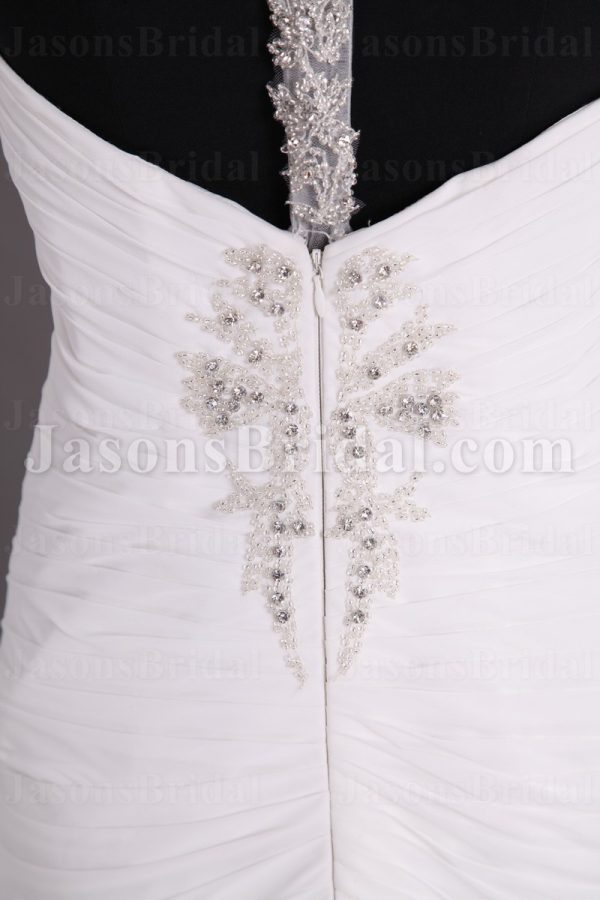 Sheath Chiffon Wedding Dress Embellished Halter V-neck Low-back Beaded Ruched with Court Train