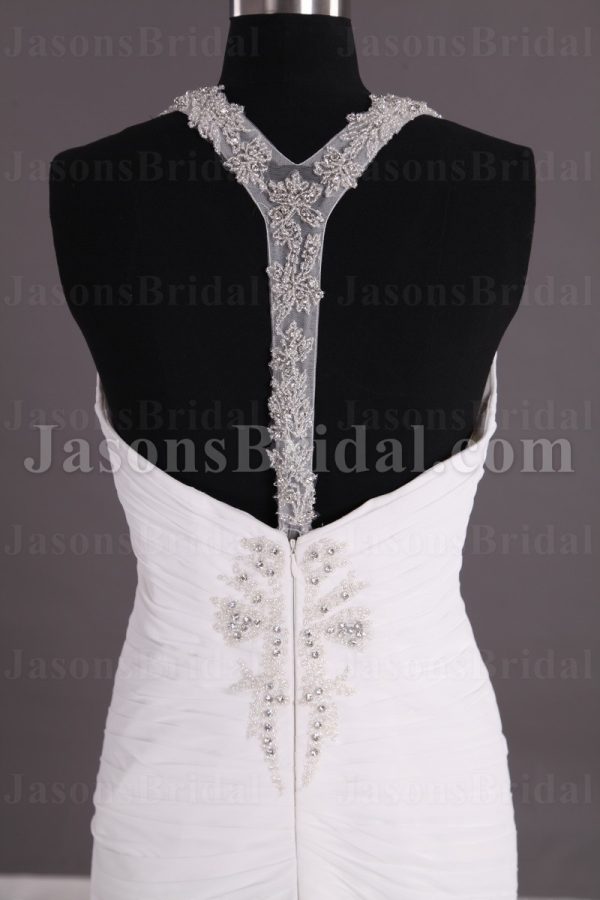 Sheath Chiffon Wedding Dress Embellished Halter V-neck Low-back Beaded Ruched with Court Train