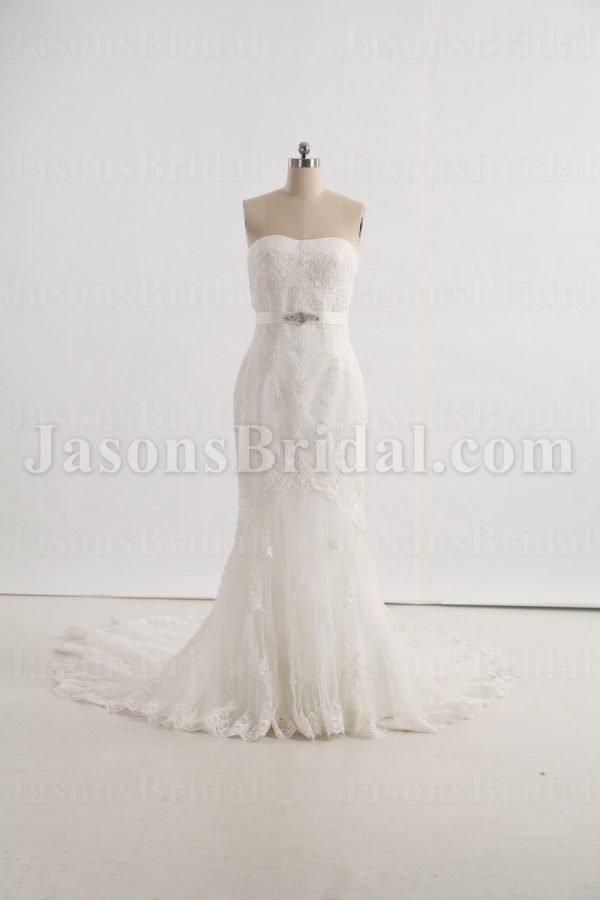 Fit-and-Flare Strapless Lace Wedding Dress Appliqued Tulle Embellished Belt with Bolero Jacket Court Train