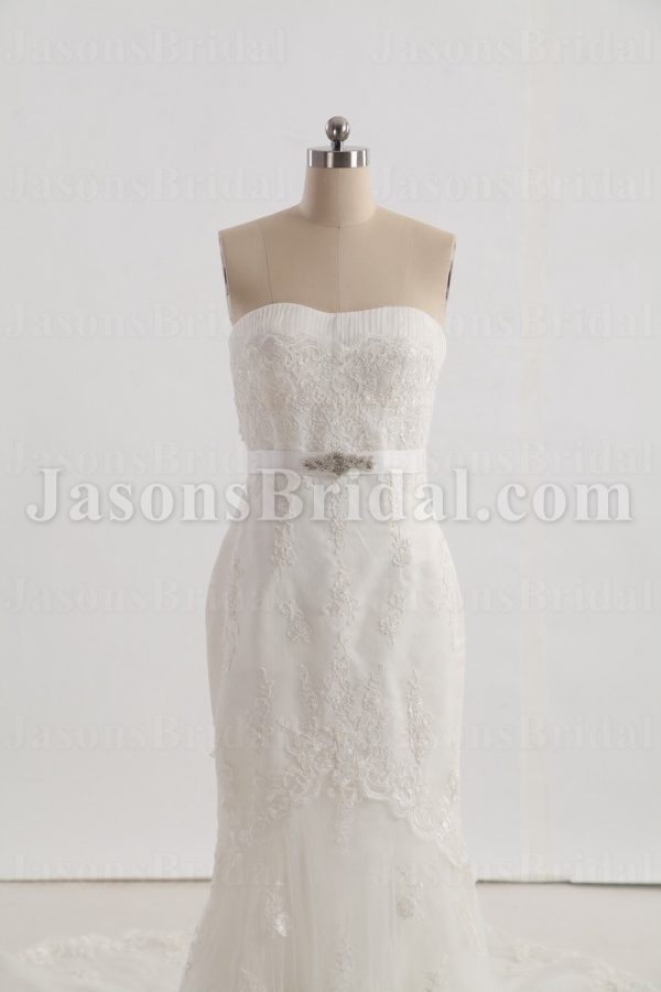 Fit-and-Flare Strapless Lace Wedding Dress Appliqued Tulle Embellished Belt with Bolero Jacket Court Train