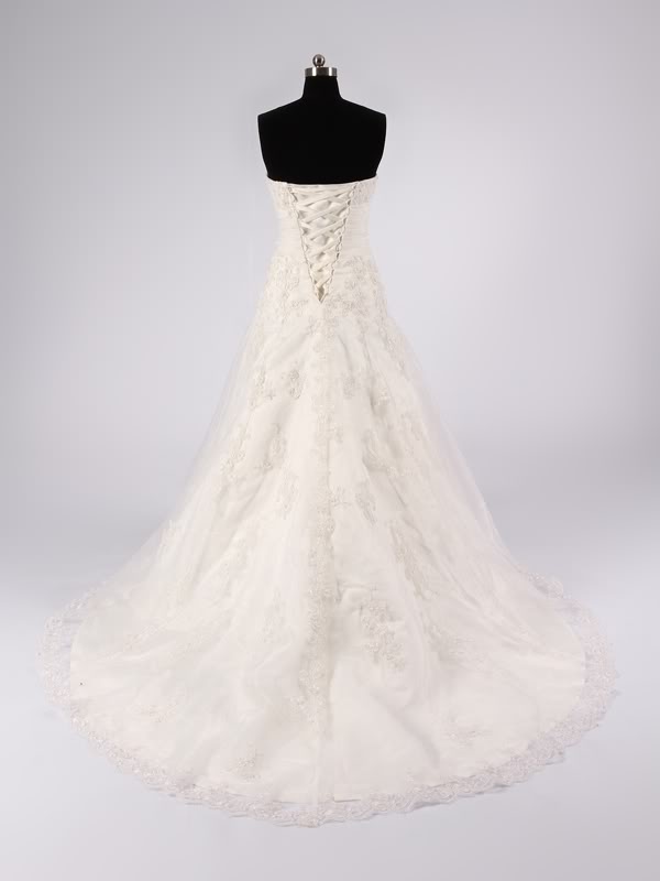 A-line Strapless Beaded Embroidered Ruched Waist Corset Chapel Train Lace over Satin Wedding Dresses