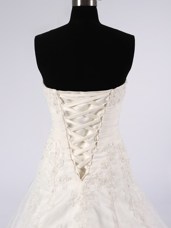A-line Strapless Beaded Embroidered Ruched Waist Corset Chapel Train Lace over Satin Wedding Dresses