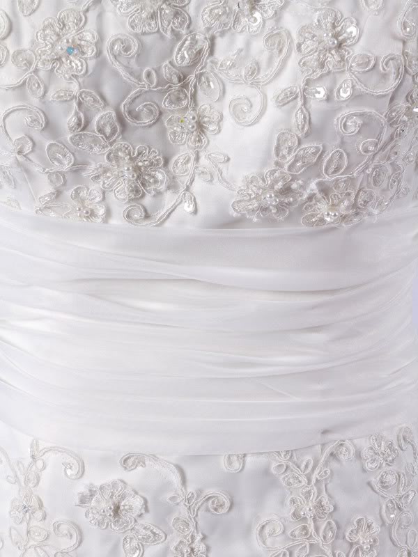 A-line Strapless Beaded Embroidered Ruched Waist Corset Chapel Train Lace over Satin Wedding Dresses