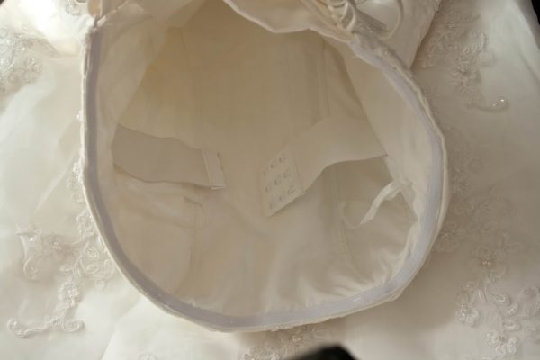 A-line Strapless Beaded Embroidered Ruched Waist Corset Chapel Train Lace over Satin Wedding Dresses