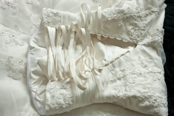 A-line Strapless Beaded Embroidered Ruched Waist Corset Chapel Train Lace over Satin Wedding Dresses