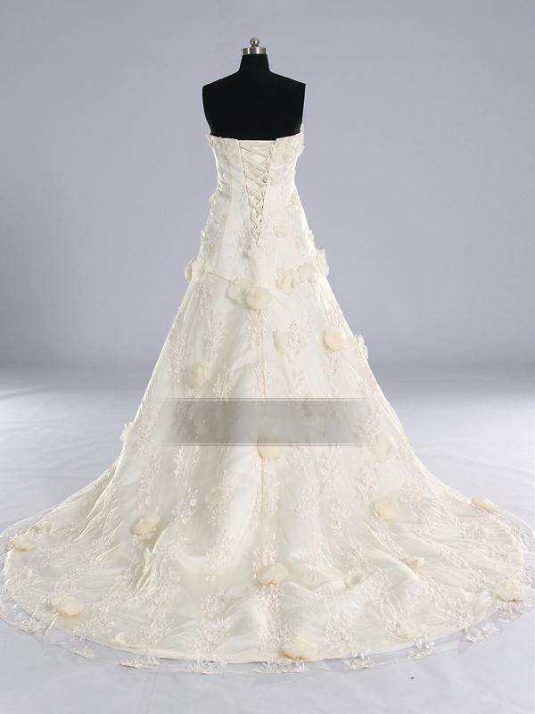 A-line Strapless Adorned Flowers Beaded Appliques Chapel Train Tulle over Satin Wedding Dresses