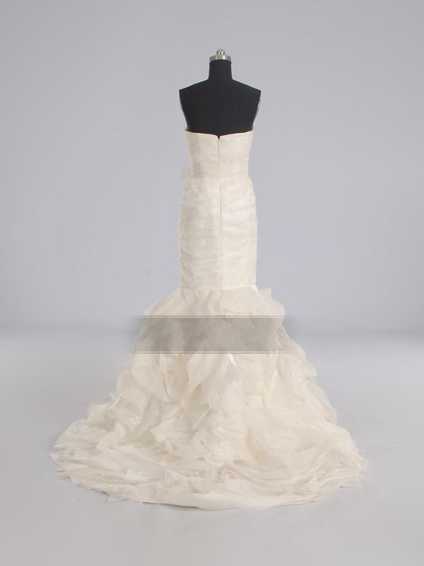 Mermaid Sweetheart Ruched Asymmetrical Pleated Bowknot Ruffled Chapel Train Organza Wedding Dresses