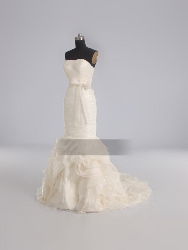 Mermaid Sweetheart Ruched Asymmetrical Pleated Bowknot Ruffled Chapel Train Organza Wedding Dresses