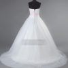 A-line Strapless Ruched Bodice Asymmetrical Pleated Adorned Flowers Belt Basque Waist Chapel Train Layered Tulle Wedding Dresses