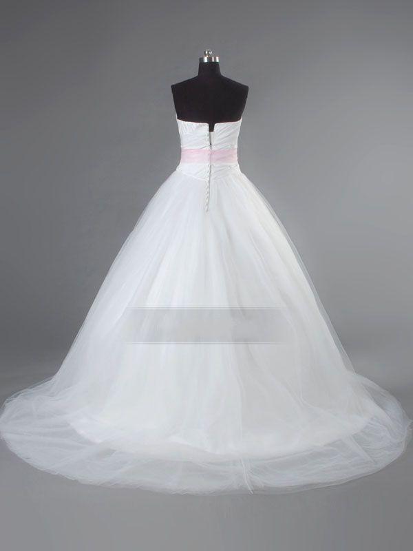 A-line Strapless Ruched Bodice Asymmetrical Pleated Adorned Flowers Belt Basque Waist Chapel Train Layered Tulle Wedding Dresses