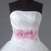 A-line Strapless Ruched Bodice Asymmetrical Pleated Adorned Flowers Belt Basque Waist Chapel Train Layered Tulle Wedding Dresses