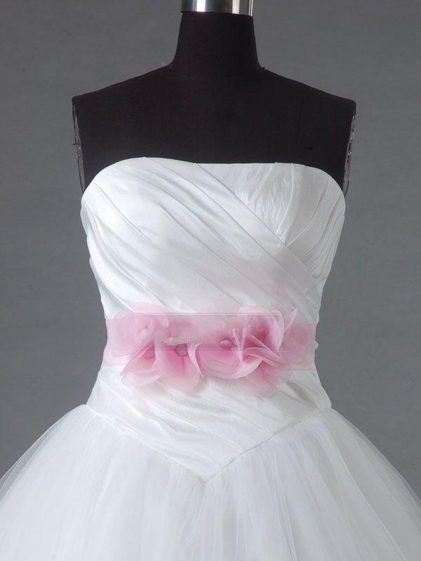A-line Strapless Ruched Bodice Asymmetrical Pleated Adorned Flowers Belt Basque Waist Chapel Train Layered Tulle Wedding Dresses