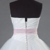 A-line Strapless Ruched Bodice Asymmetrical Pleated Adorned Flowers Belt Basque Waist Chapel Train Layered Tulle Wedding Dresses