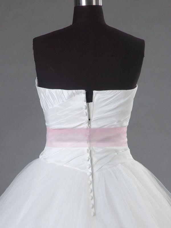 A-line Strapless Ruched Bodice Asymmetrical Pleated Adorned Flowers Belt Basque Waist Chapel Train Layered Tulle Wedding Dresses