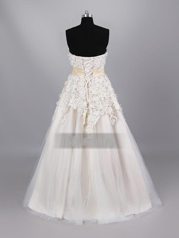 A-line Strapless Allover Lace Bodice Ruched Belt Floor Length Organza over Satin Wedding Dresses