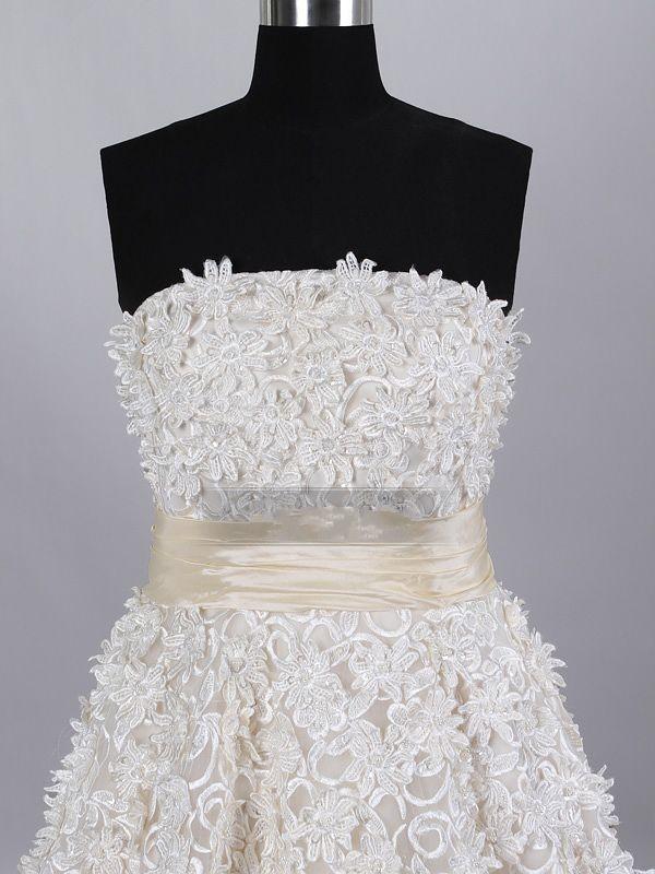 A-line Strapless Allover Lace Bodice Ruched Belt Floor Length Organza over Satin Wedding Dresses