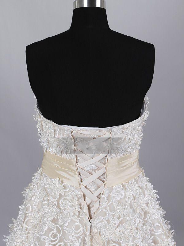 A-line Strapless Allover Lace Bodice Ruched Belt Floor Length Organza over Satin Wedding Dresses
