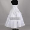 A-line Strapless Allover Lace Bodice Ruched Belt Tea Length Organza over Satin Wedding Dresses